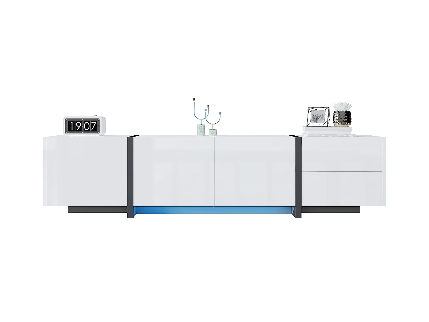 Glänzender TV-Schrank – 170 x 30 x 39 cm – mit 4 Türen + 1 Schublade – kontrastierende Beine – Spanplatte – Weiß