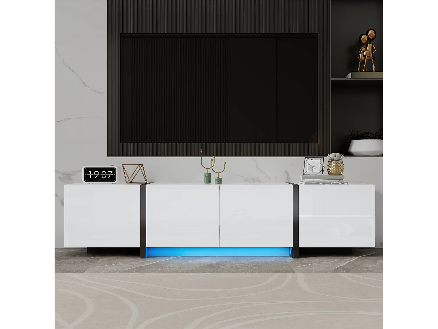 Meuble TV brillant - 170 x 30 x 39 cm - avec 4 portes + 1 tiroir - pieds contrastés - aggloméré - blanc