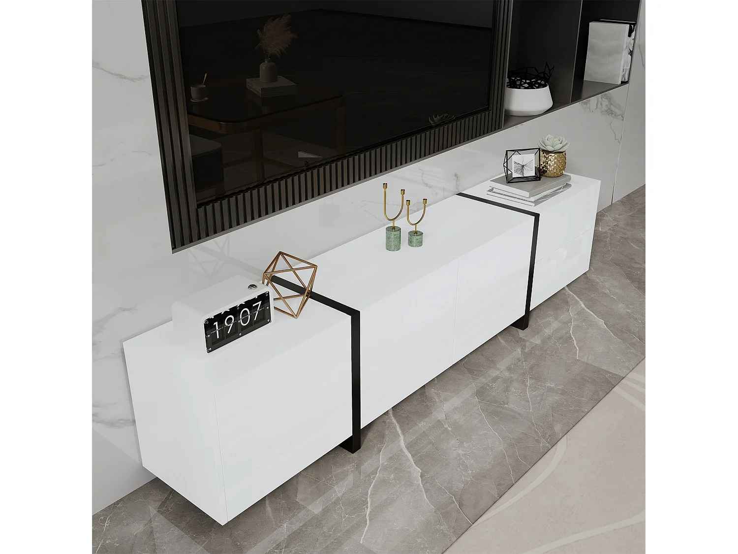 Meuble TV brillant - 170 x 30 x 39 cm - avec 4 portes + 1 tiroir - pieds contrastés - aggloméré - blanc