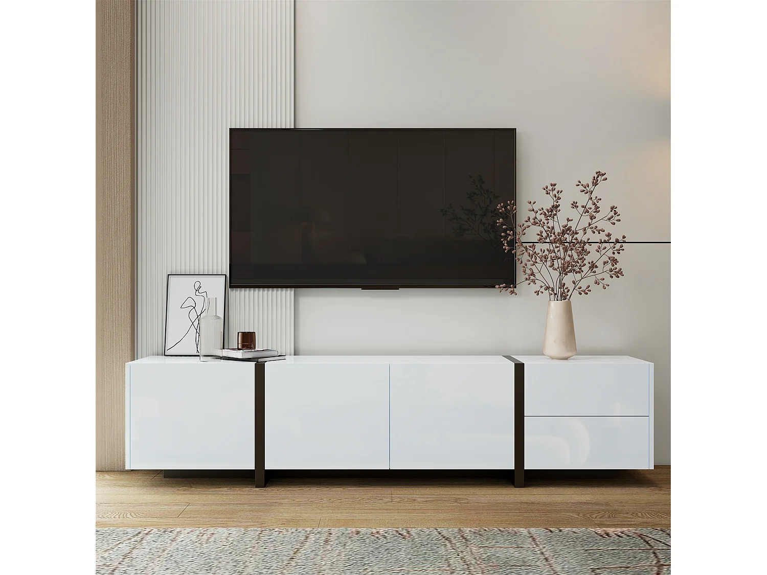 Meuble TV brillant - 170 x 30 x 39 cm - avec 4 portes + 1 tiroir - pieds contrastés - aggloméré - blanc