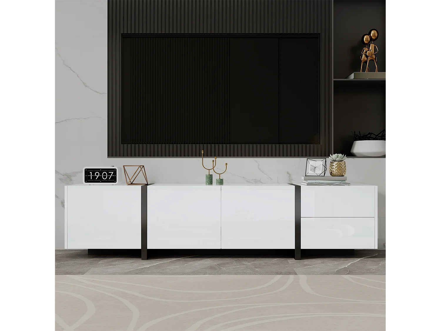 Mobile TV lucido - 170 x 30 x 39 cm - con 4 ante + 1 cassetto - gambe a contrasto - truciolare - bianco