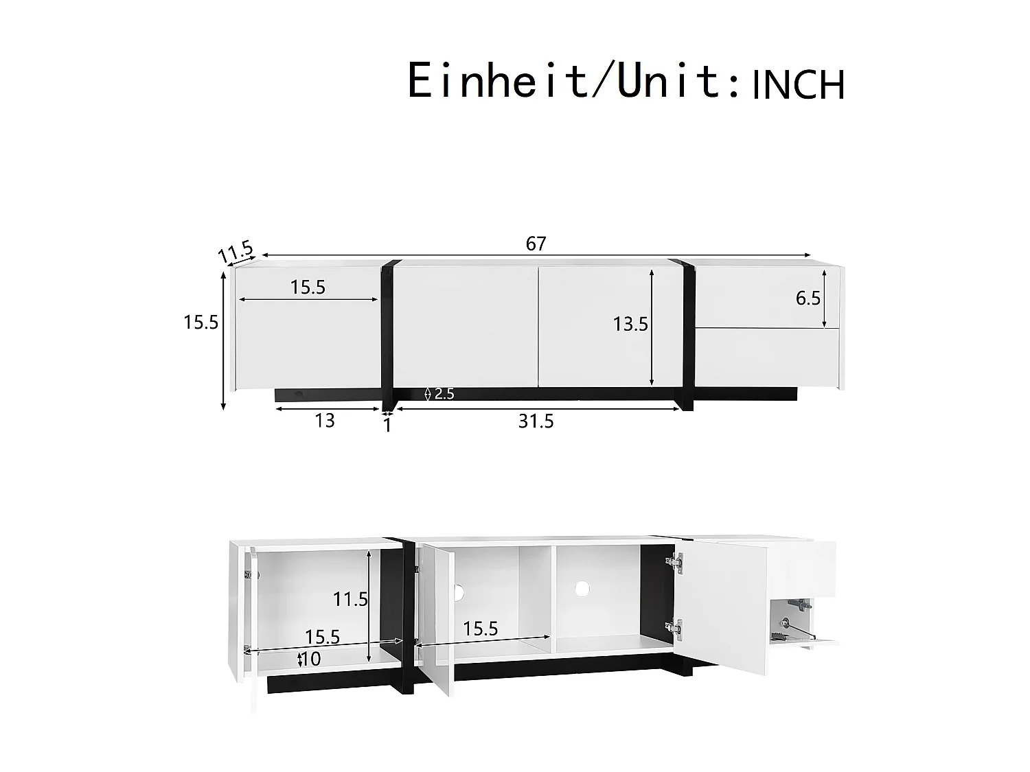 Mobile TV lucido - 170 x 30 x 39 cm - con 4 ante + 1 cassetto - gambe a contrasto - truciolare - bianco