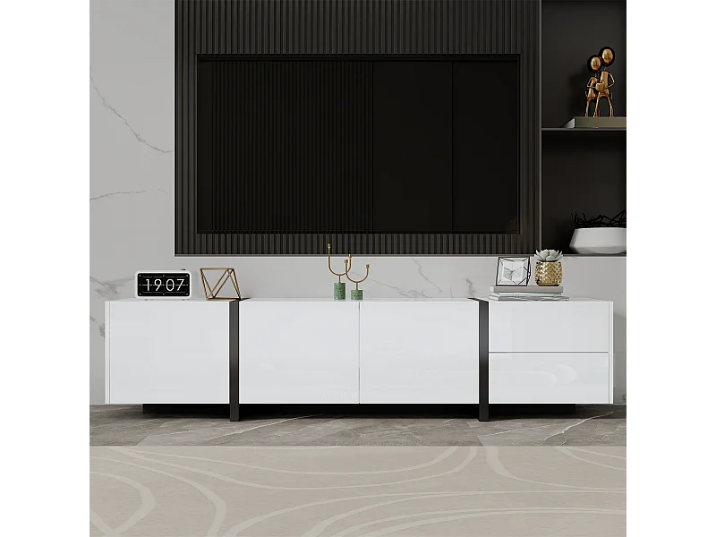 Mobile TV lucido - 170 x 30 x 39 cm - con 4 ante + 1 cassetto - gambe a contrasto - truciolare - bianco