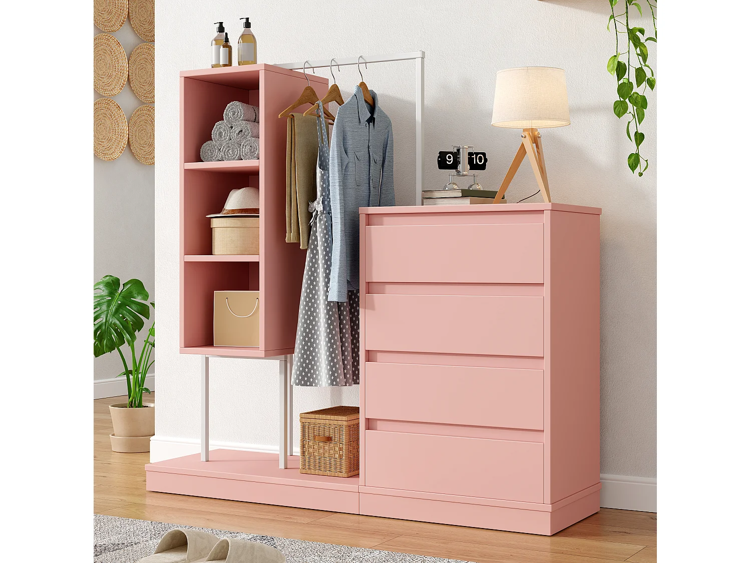 Kleiderschrank mit Schubladen - 140 x 40 x 135 cm - Garderobenset mit 4 Schubladen - Spanplatte - Rosa