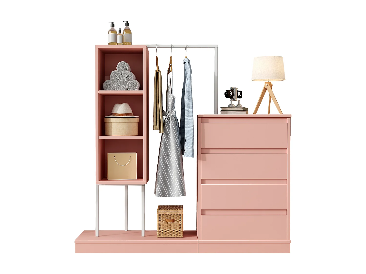 Kleiderschrank mit Schubladen - 140 x 40 x 135 cm - Garderobenset mit 4 Schubladen - Spanplatte - Rosa