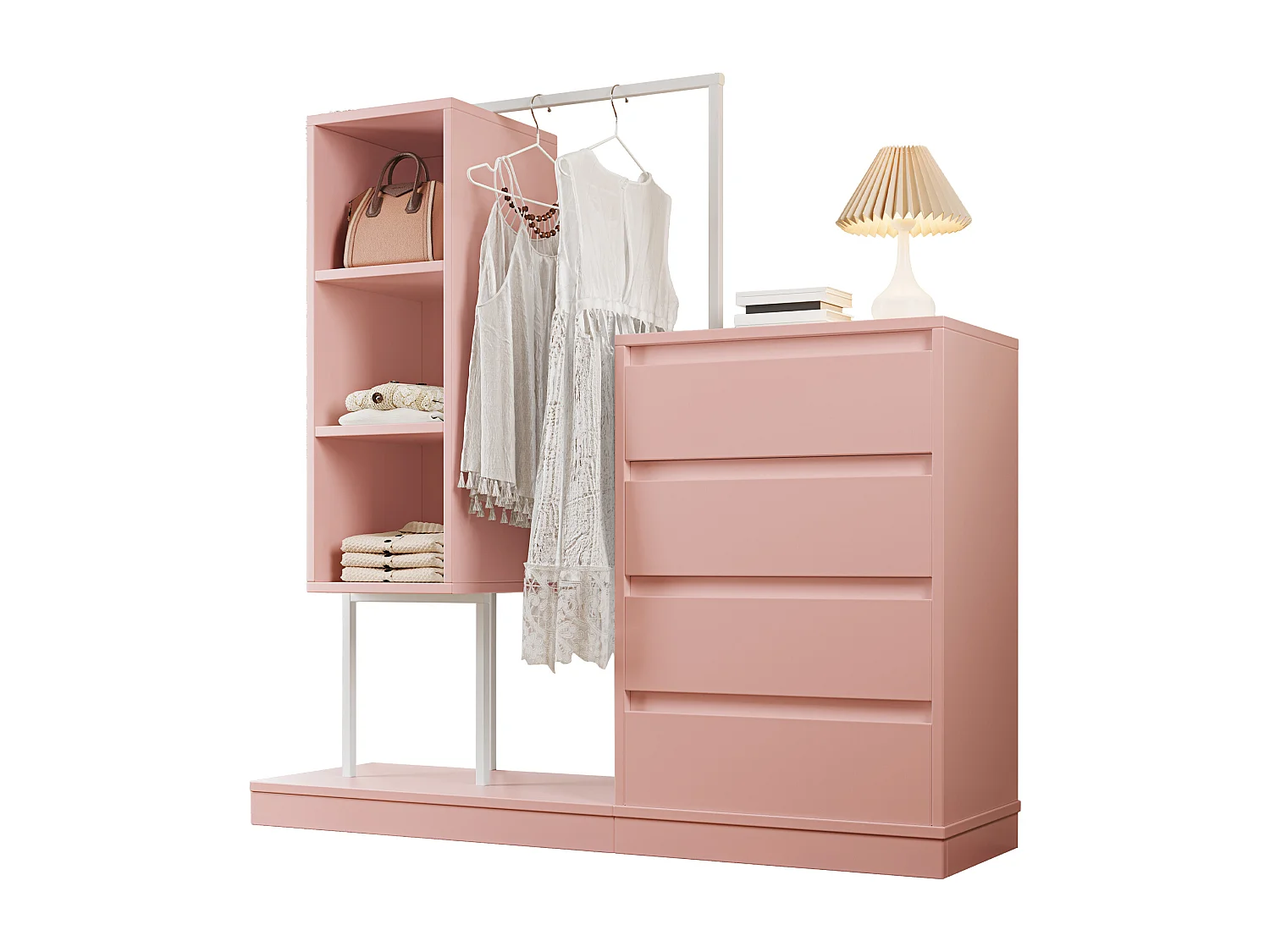 Kleiderschrank mit Schubladen - 140 x 40 x 135 cm - Garderobenset mit 4 Schubladen - Spanplatte - Rosa