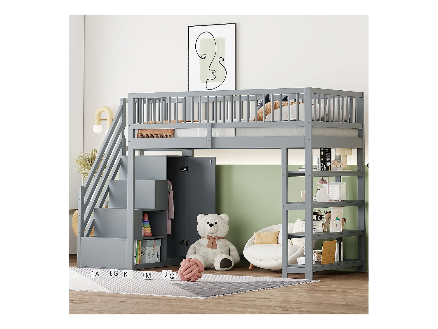 Lit mezzanine enfant - 90 x 200 - avec clôture + armoire + étagères de rangement - bois - gris