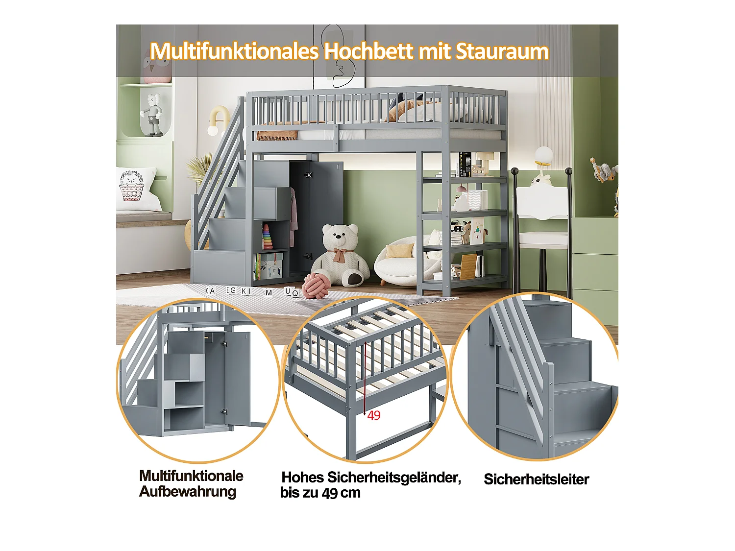 Lit mezzanine enfant - 90 x 200 - avec clôture + armoire + étagères de rangement - bois - gris