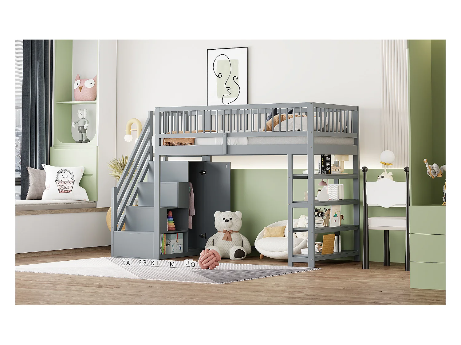 Lit mezzanine enfant - 90 x 200 - avec clôture + armoire + étagères de rangement - bois - gris