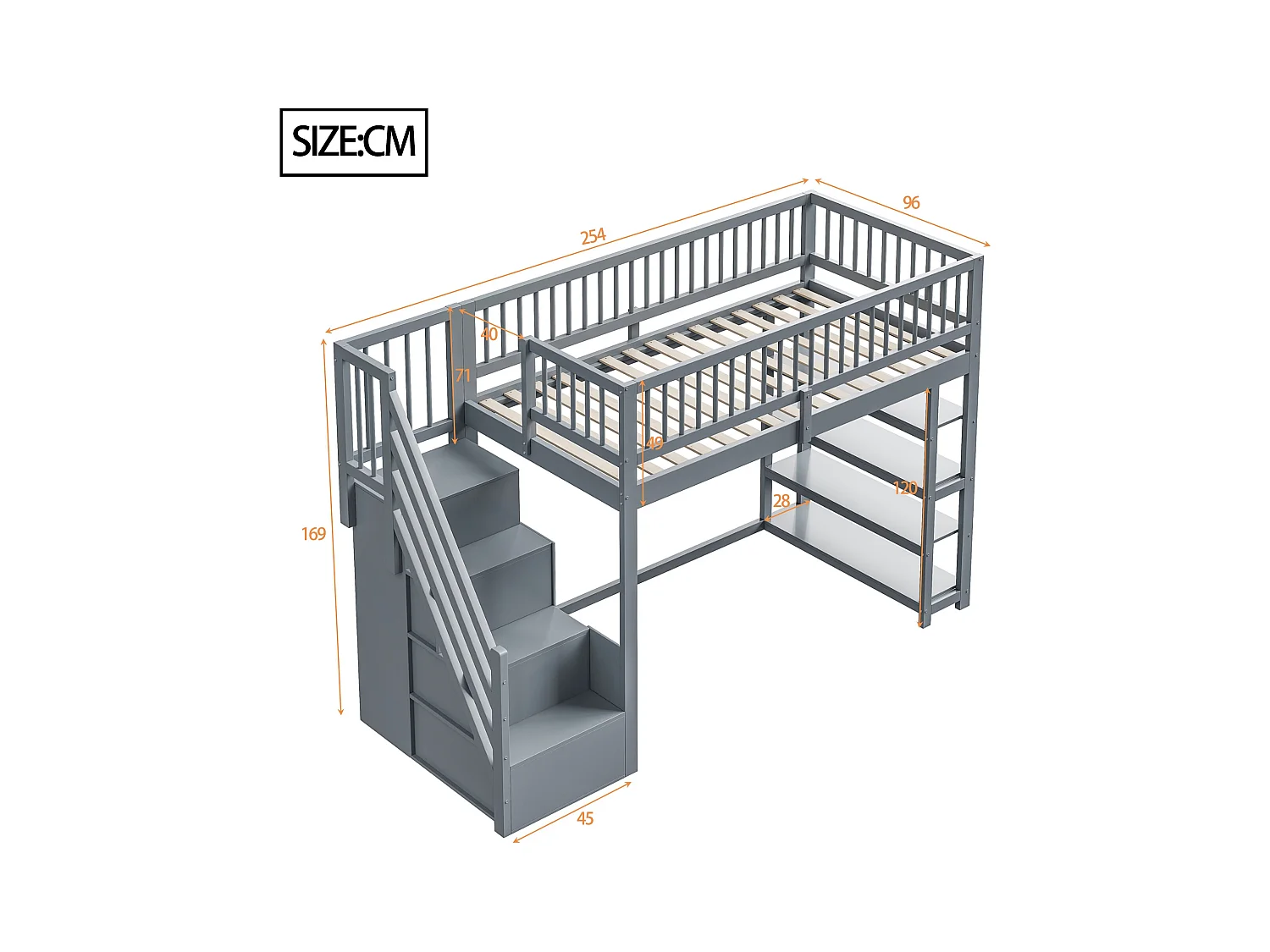 Lit mezzanine enfant - 90 x 200 - avec clôture + armoire + étagères de rangement - bois - gris