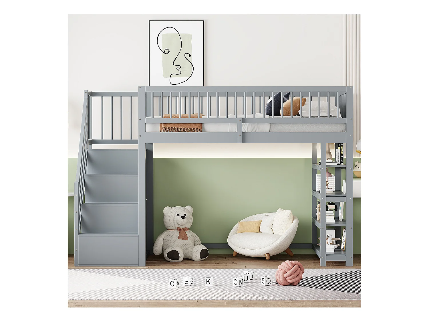 Lit mezzanine enfant - 90 x 200 - avec clôture + armoire + étagères de rangement - bois - gris