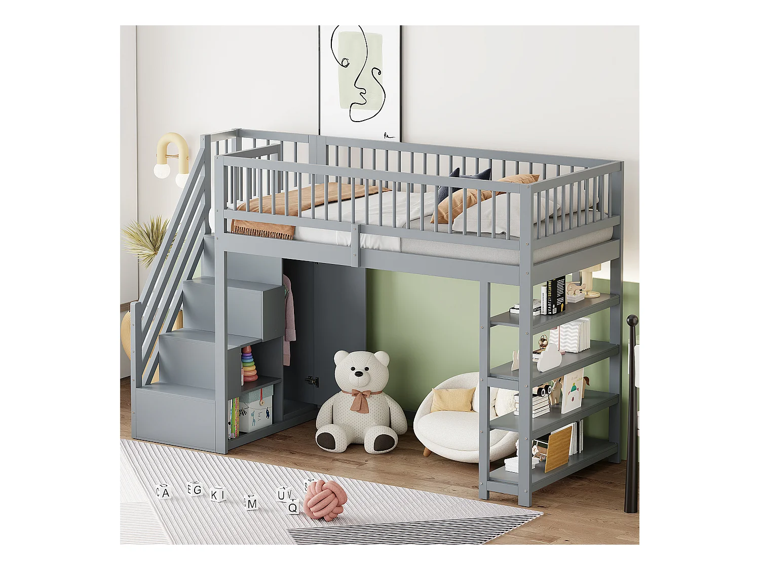 Lit mezzanine enfant - 90 x 200 - avec clôture + armoire + étagères de rangement - bois - gris