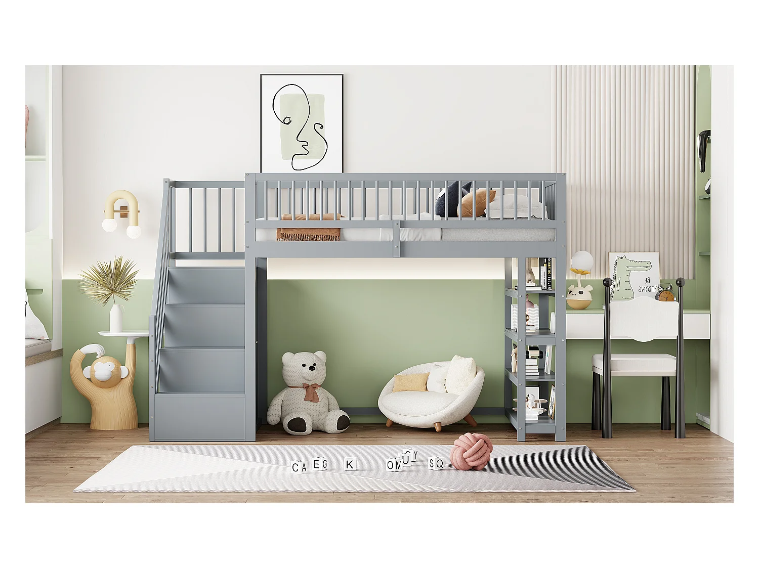 Lit mezzanine enfant - 90 x 200 - avec clôture + armoire + étagères de rangement - bois - gris