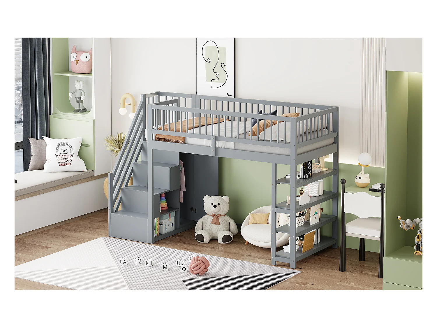 Lit mezzanine enfant - 90 x 200 - avec clôture + armoire + étagères de rangement - bois - gris