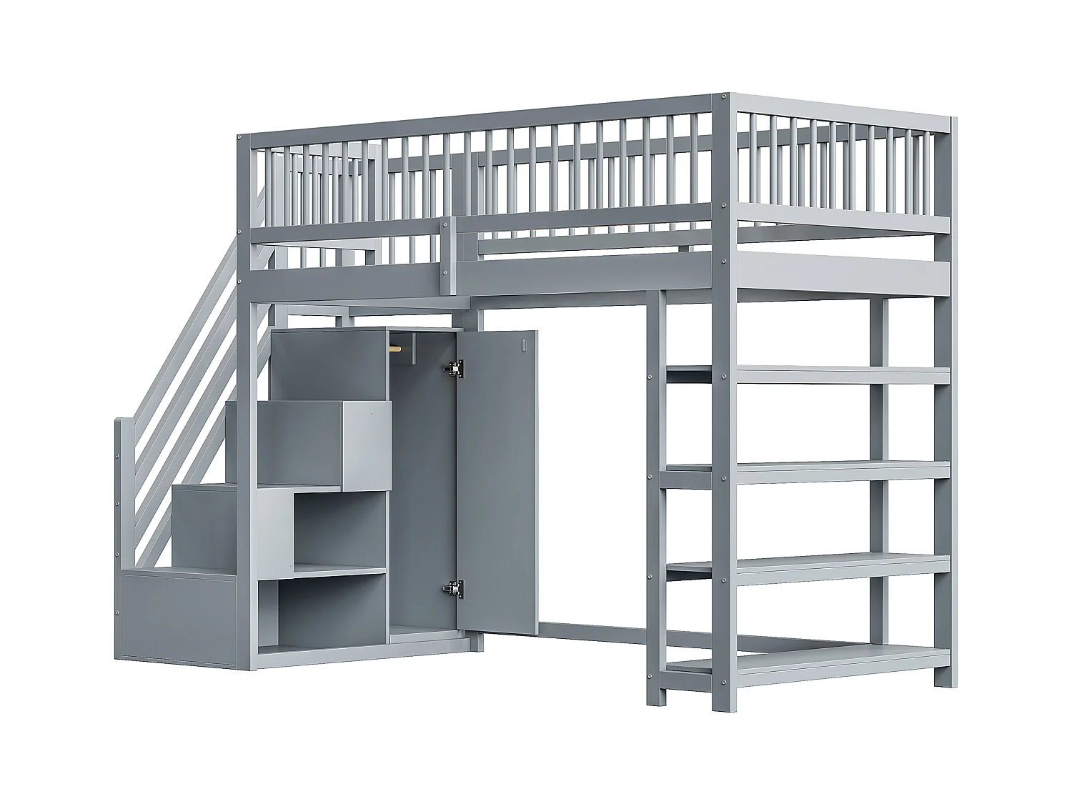 Lit mezzanine enfant - 90 x 200 - avec clôture + armoire + étagères de rangement - bois - gris