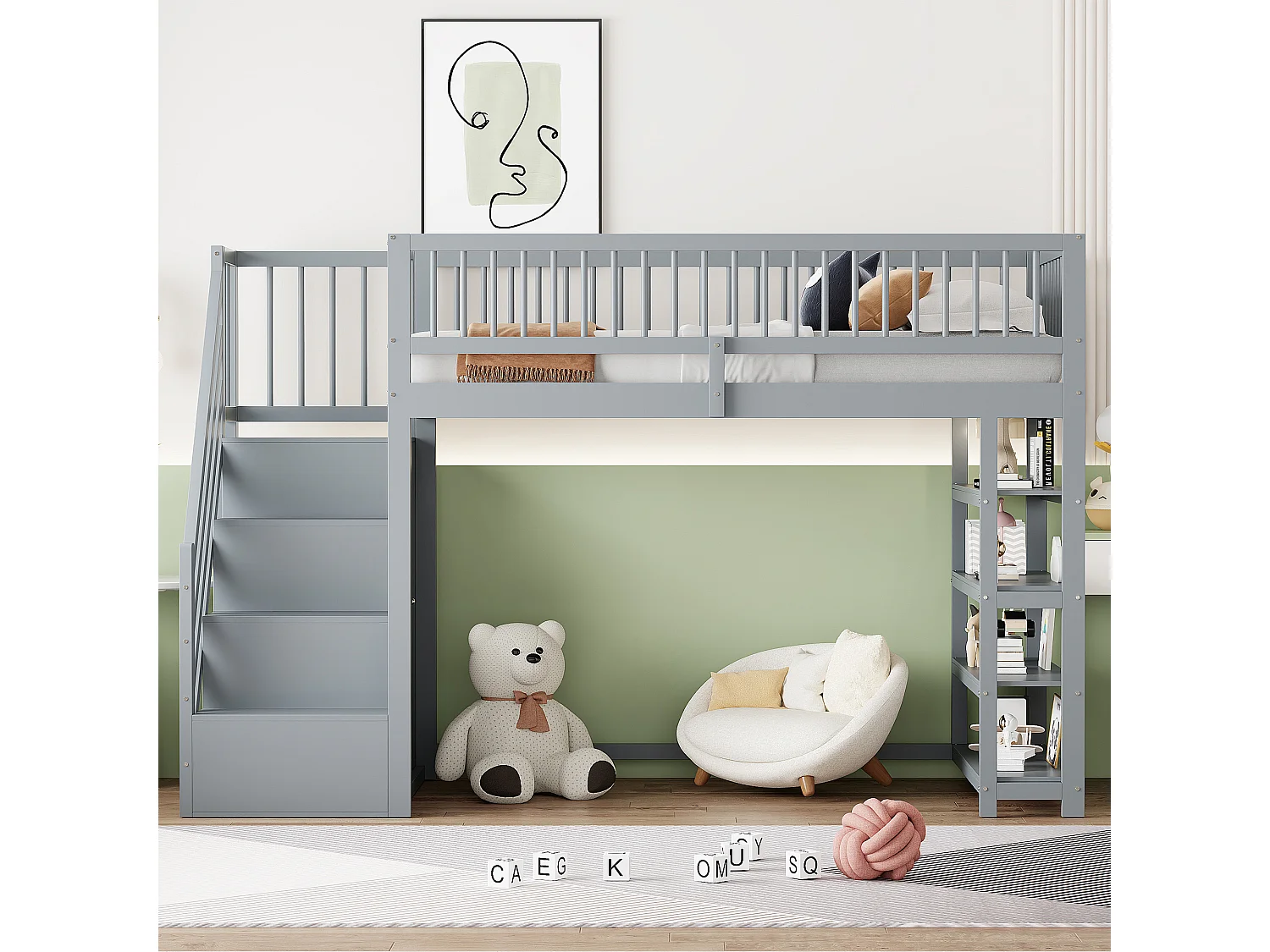 Letto a soppalco per bambini - 90 x 200 - con recinzione + armadio + ripiani portaoggetti - legno - grigio