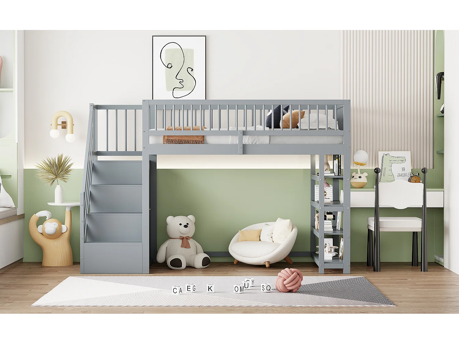 Letto a soppalco per bambini - 90 x 200 - con recinzione + armadio + ripiani portaoggetti - legno - grigio