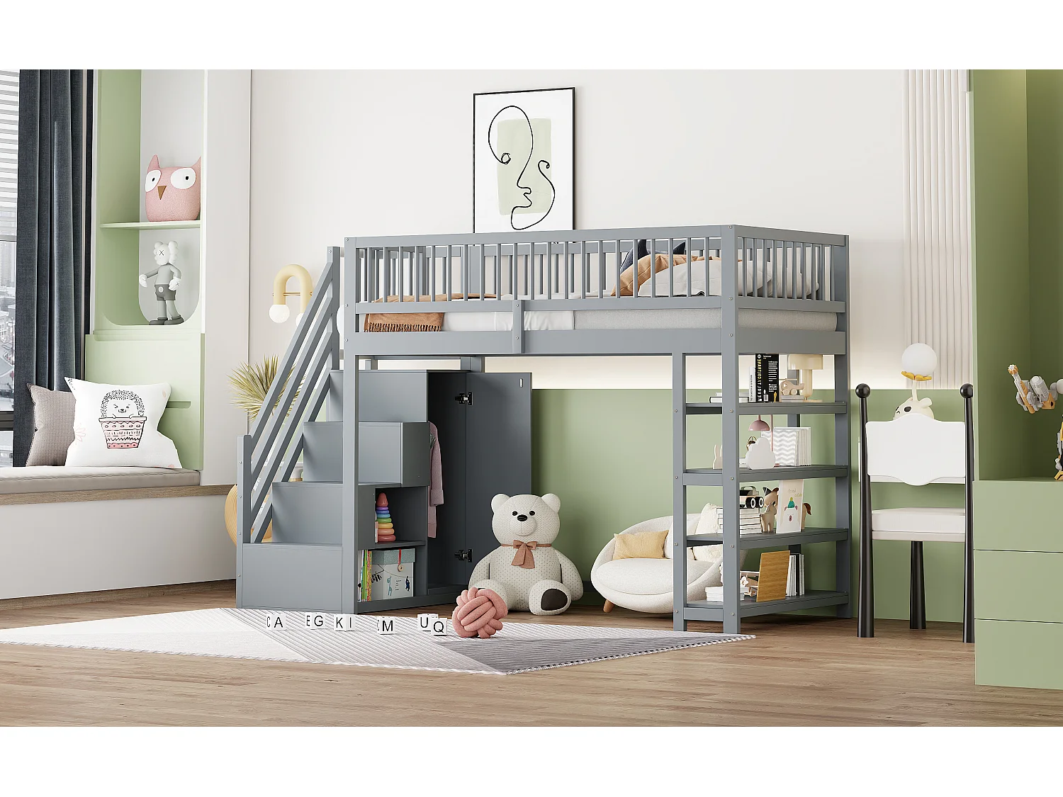 Letto a soppalco per bambini - 90 x 200 - con recinzione + armadio + ripiani portaoggetti - legno - grigio