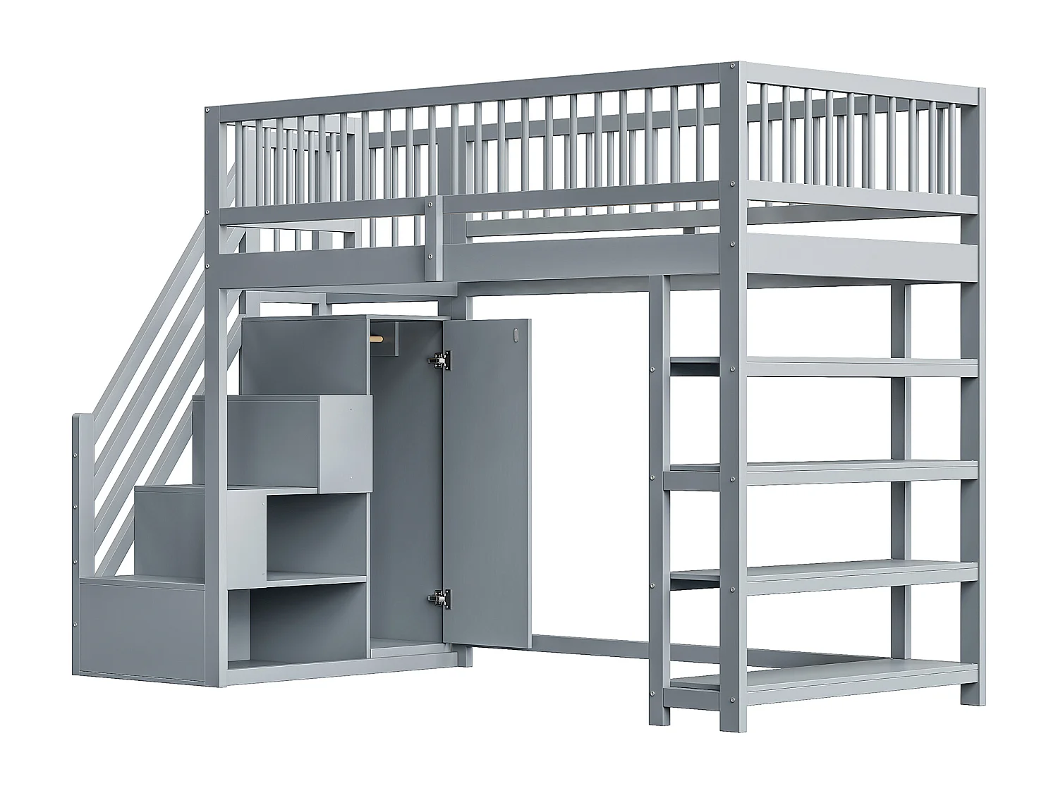 Letto a soppalco per bambini - 90 x 200 - con recinzione + armadio + ripiani portaoggetti - legno - grigio