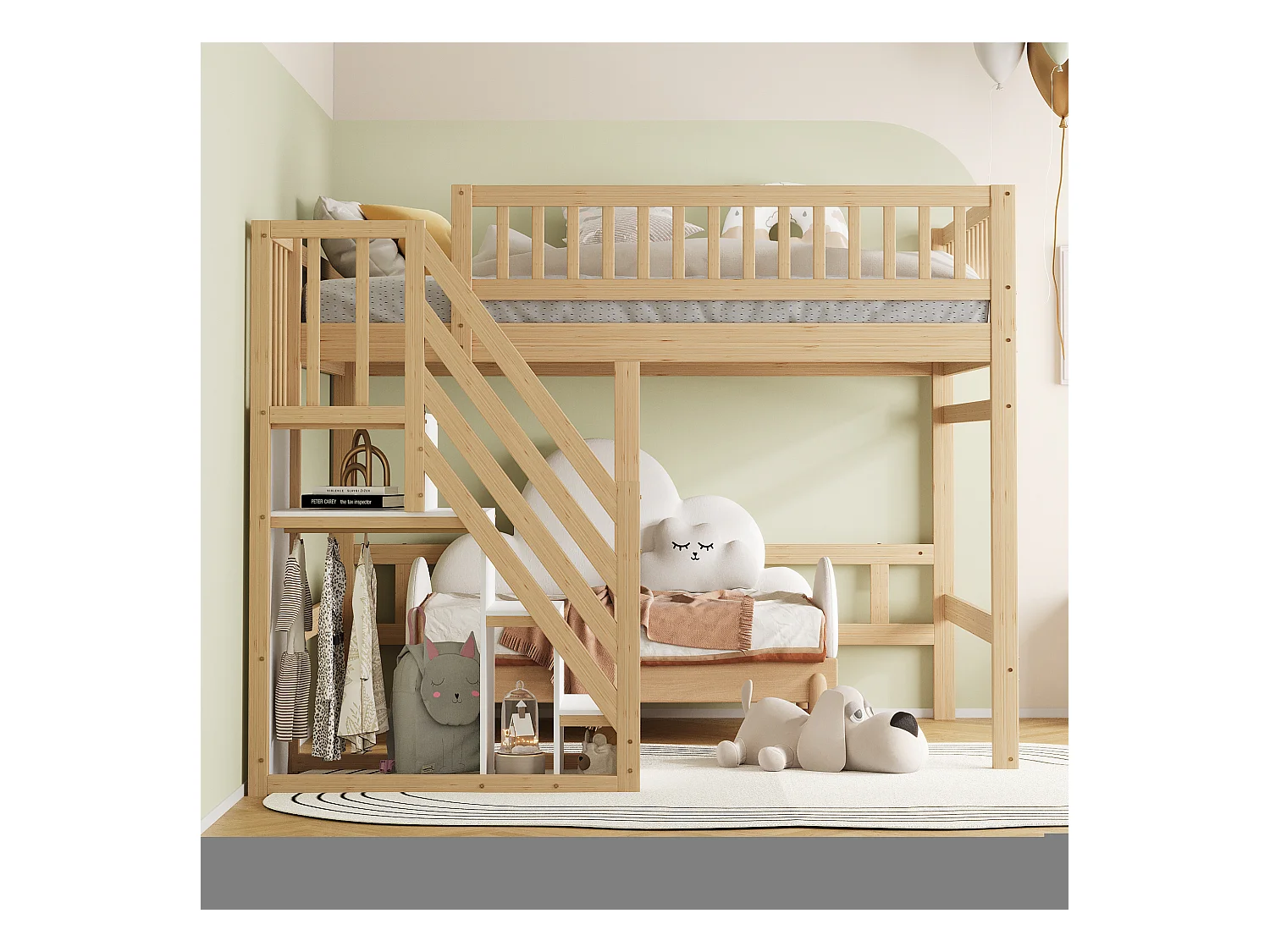 Lit mezzanine pour enfant - 140 x 200 cm - escalier avec meuble de rangement - bois - naturel