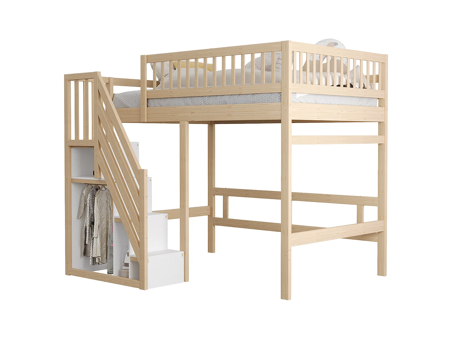 Lit mezzanine pour enfant - 140 x 200 cm - escalier avec meuble de rangement - bois - naturel