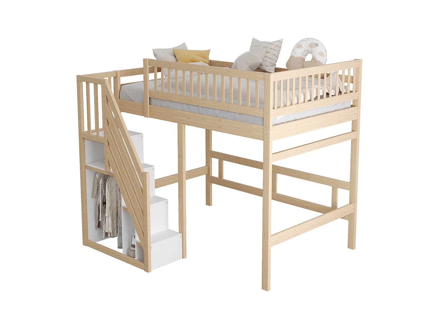 Lit mezzanine pour enfant - 140 x 200 cm - escalier avec meuble de rangement - bois - naturel