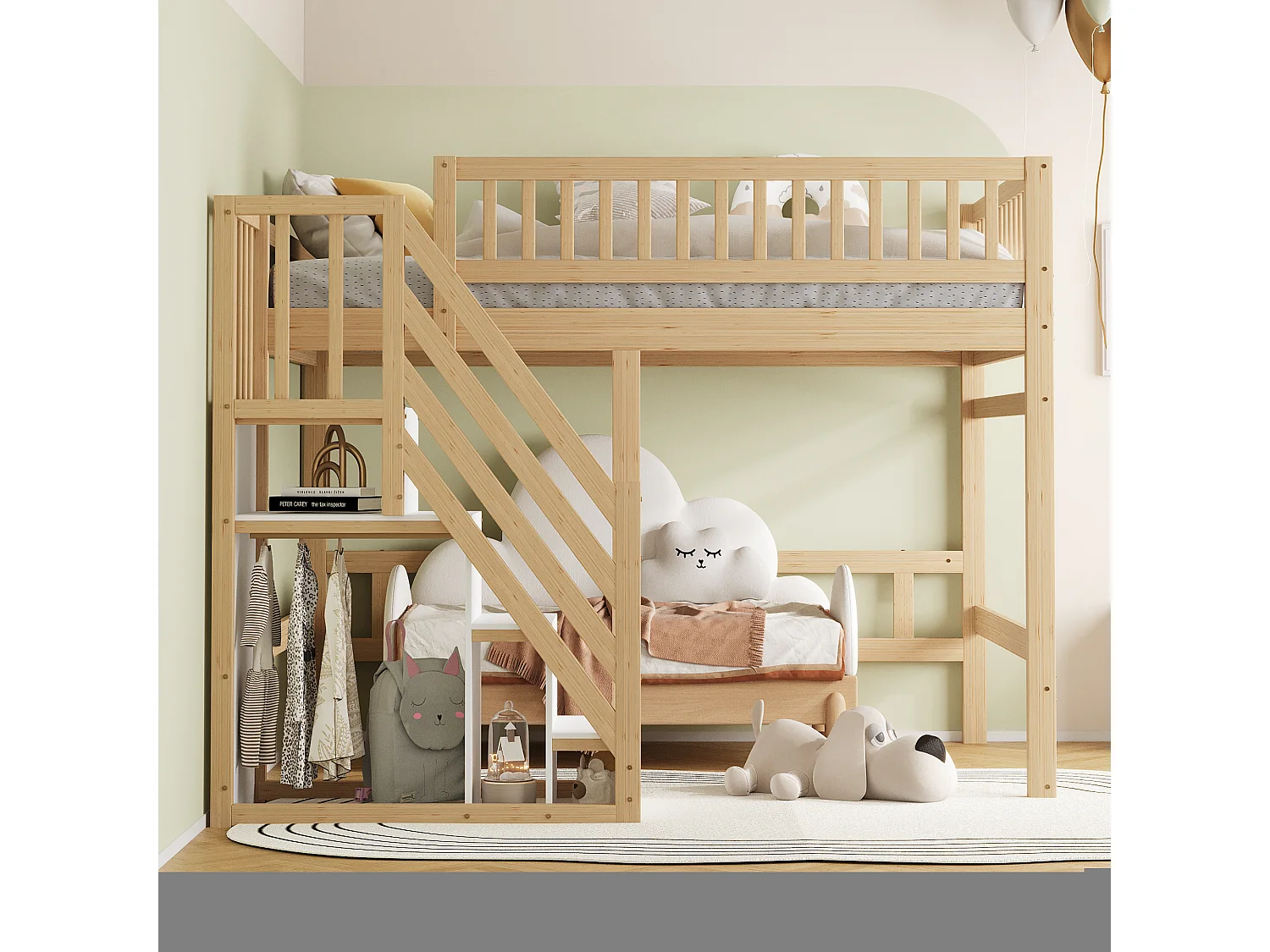 Lit mezzanine pour enfant - 140 x 200 cm - escalier avec meuble de rangement - bois - naturel