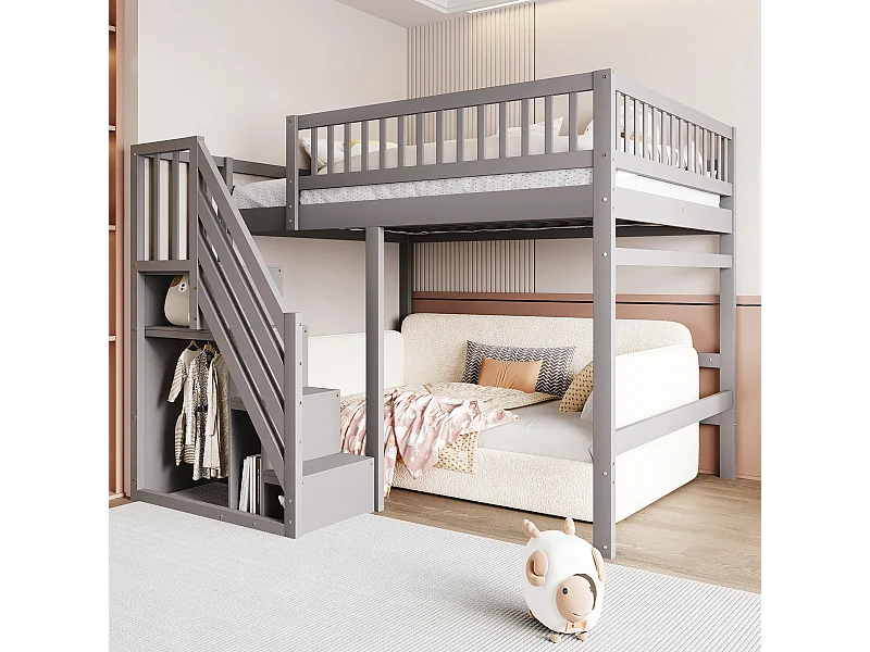 Cama alta infantil - 140 x 200 cm - escalera con mueble de almacenaje - madera - gris