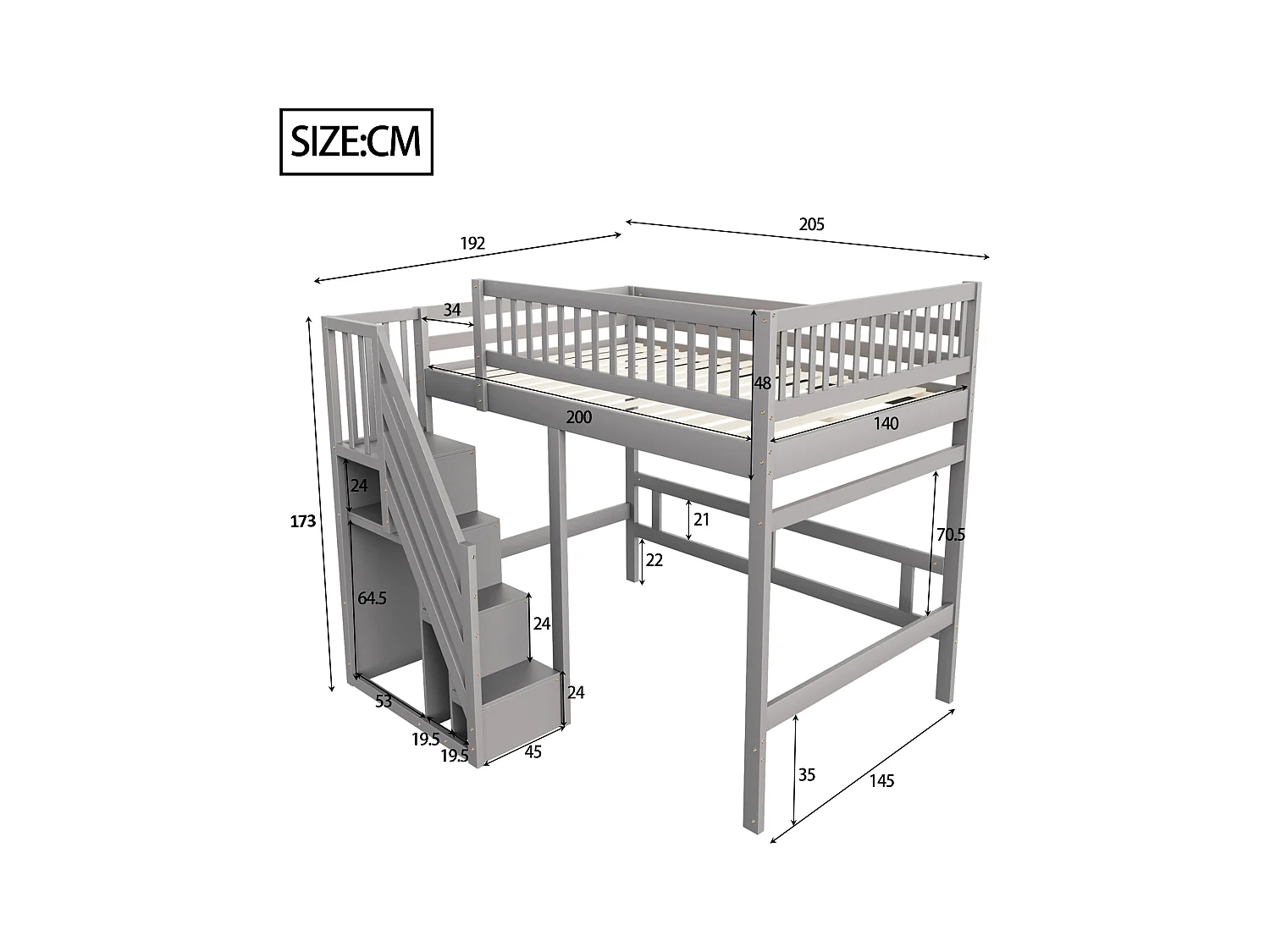 Lit mezzanine pour enfant - 140 x 200 cm - escalier avec meuble de rangement - bois - gris