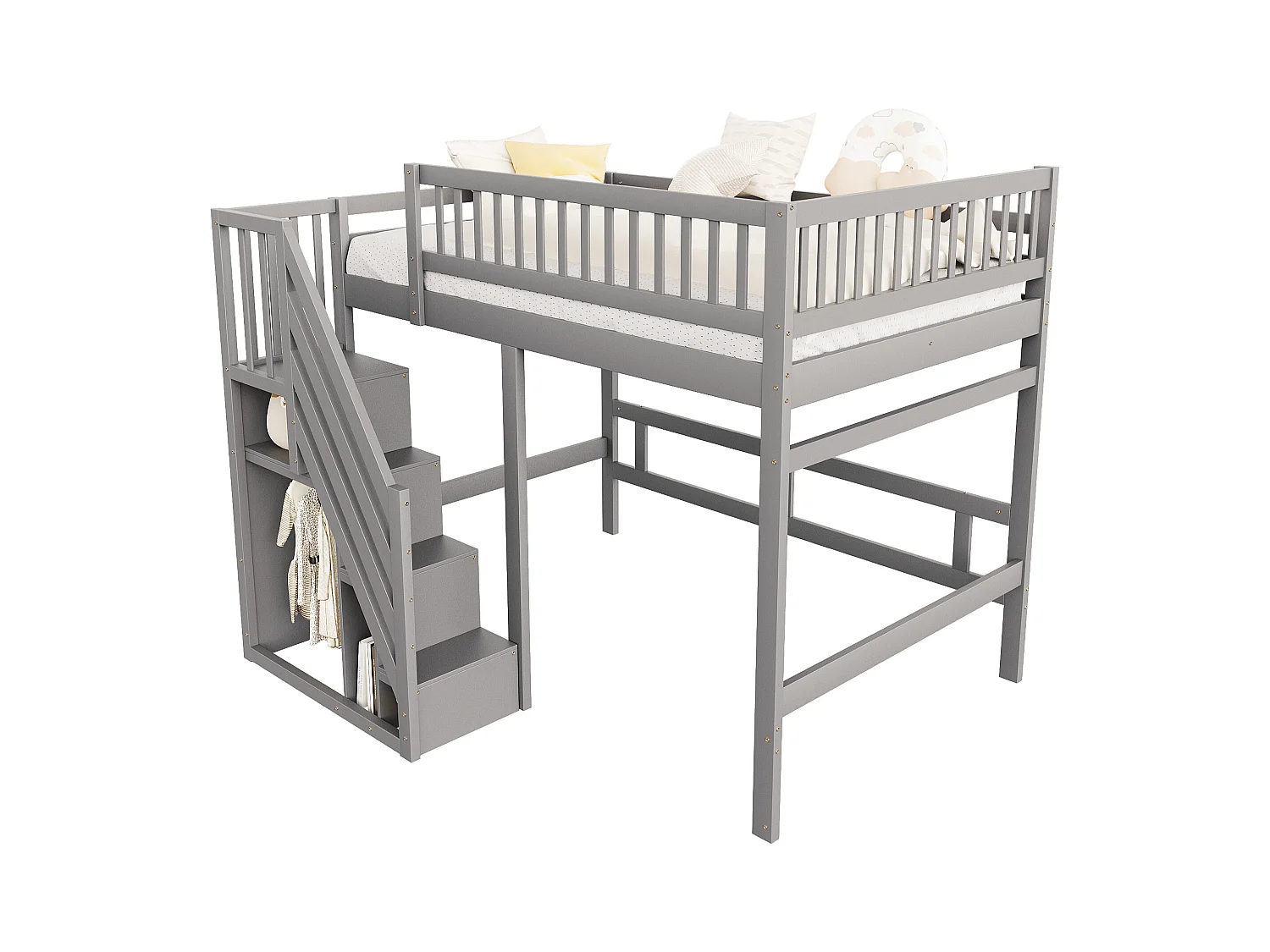 Lit mezzanine pour enfant - 140 x 200 cm - escalier avec meuble de rangement - bois - gris