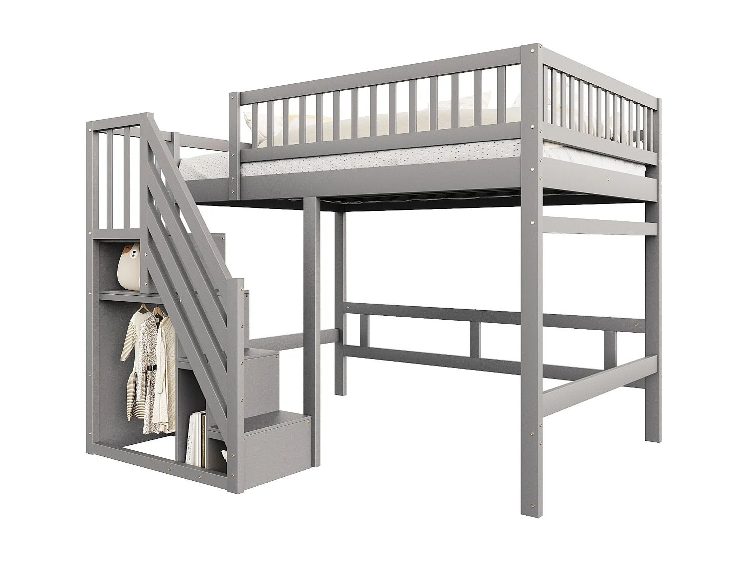 Lit mezzanine pour enfant - 140 x 200 cm - escalier avec meuble de rangement - bois - gris