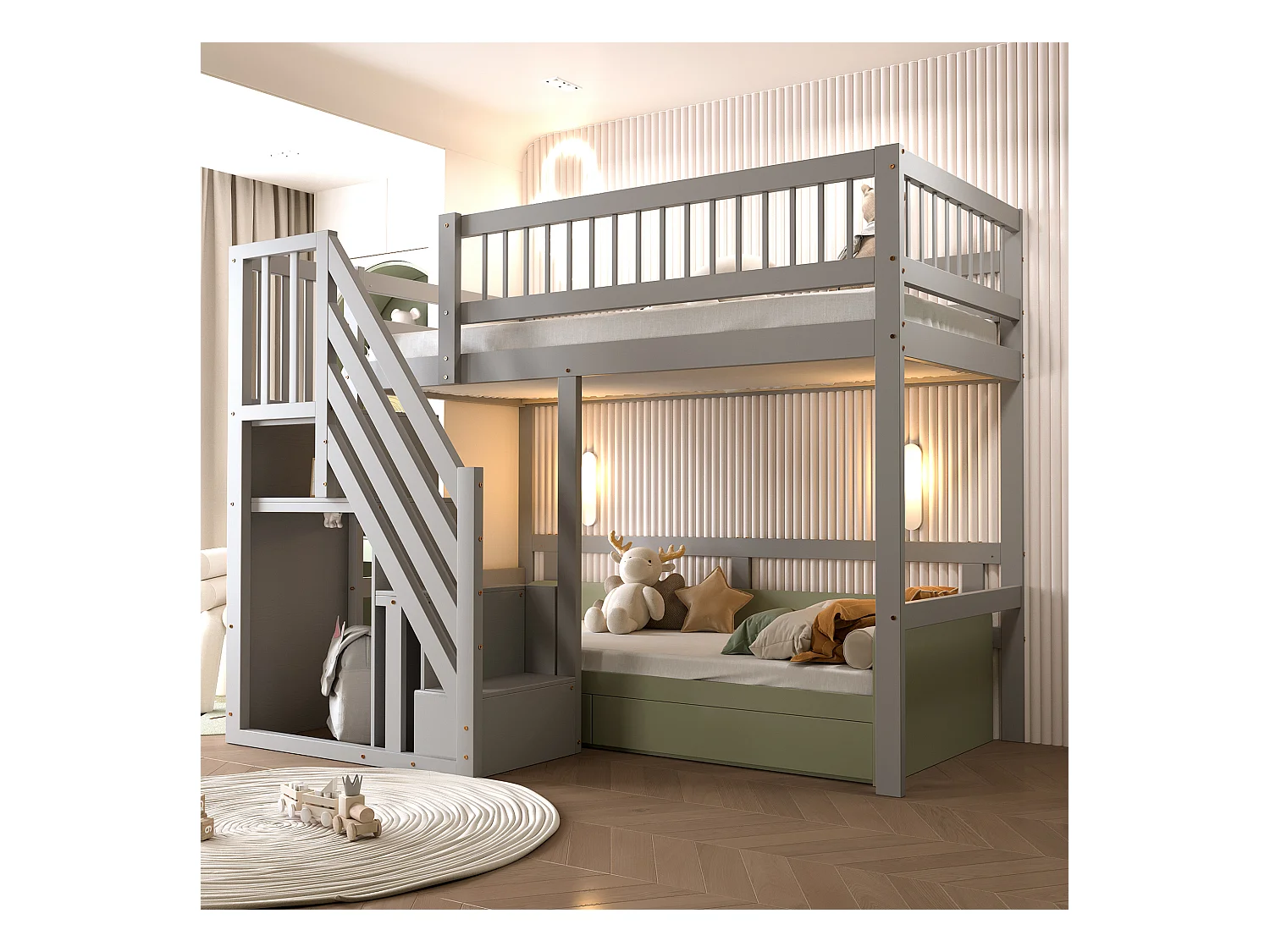 Lit mezzanine pour enfant - 90 x 200 cm - escalier avec meuble de rangement - bois - gris