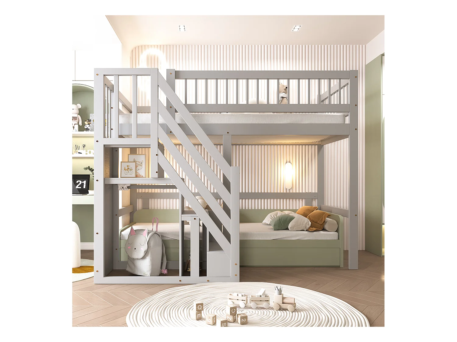 Lit mezzanine pour enfant - 90 x 200 cm - escalier avec meuble de rangement - bois - gris
