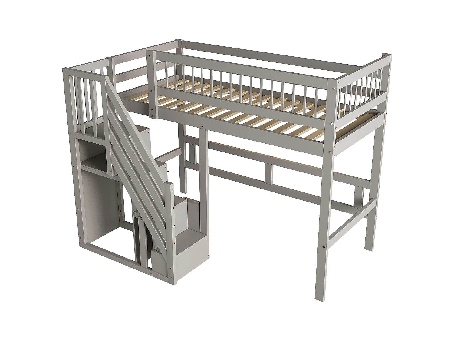 Lit mezzanine pour enfant - 90 x 200 cm - escalier avec meuble de rangement - bois - gris