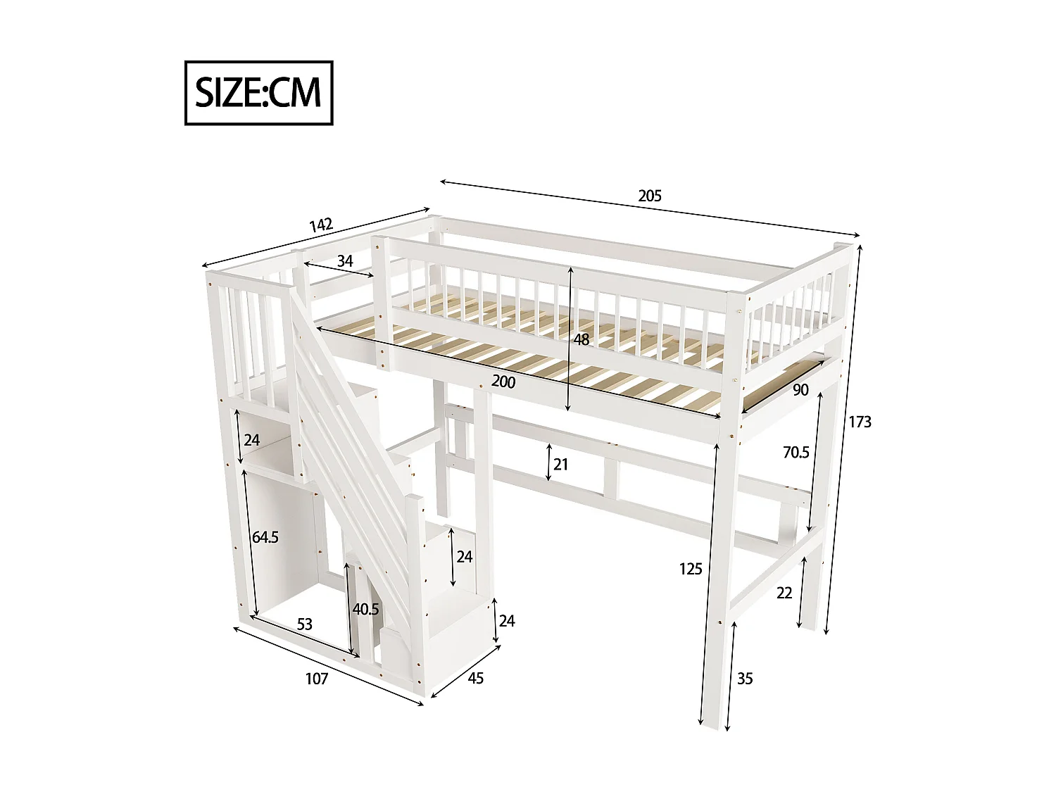 Lit mezzanine pour enfant - 90 x 200 cm - escalier avec meuble de rangement - bois - blanc