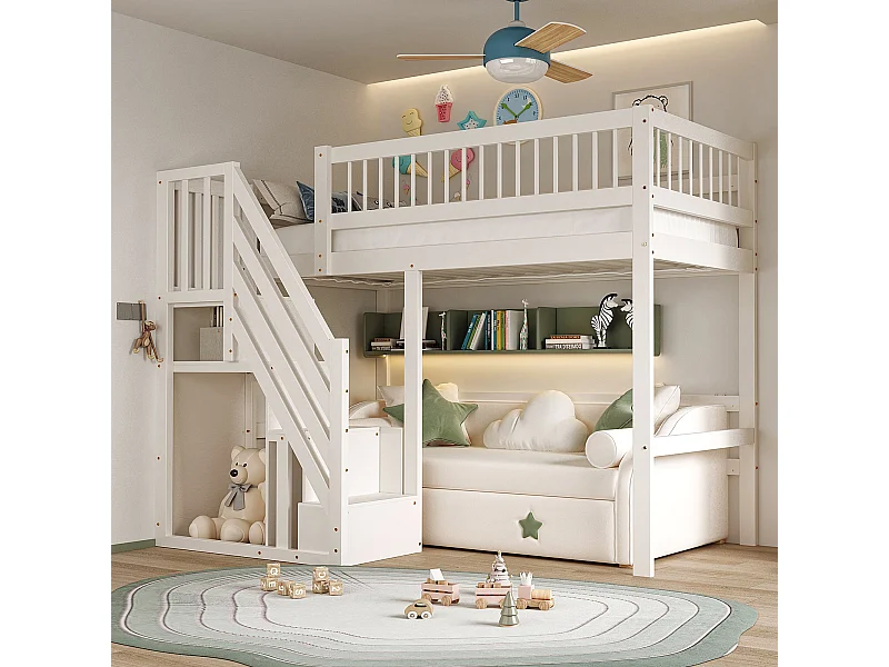 Cama alta infantil - 90 x 200 cm - escalera con mueble de almacenaje - madera - blanco
