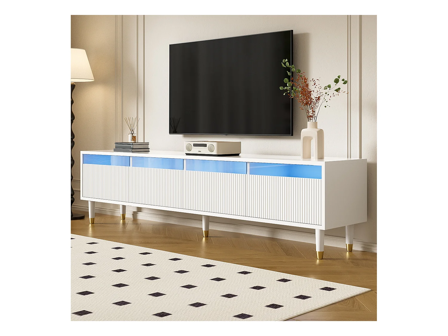 Meuble TV moderne - 178 cm x 35 x 45 cm - avec 4 tiroirs - pour le salon - MDF - blanc