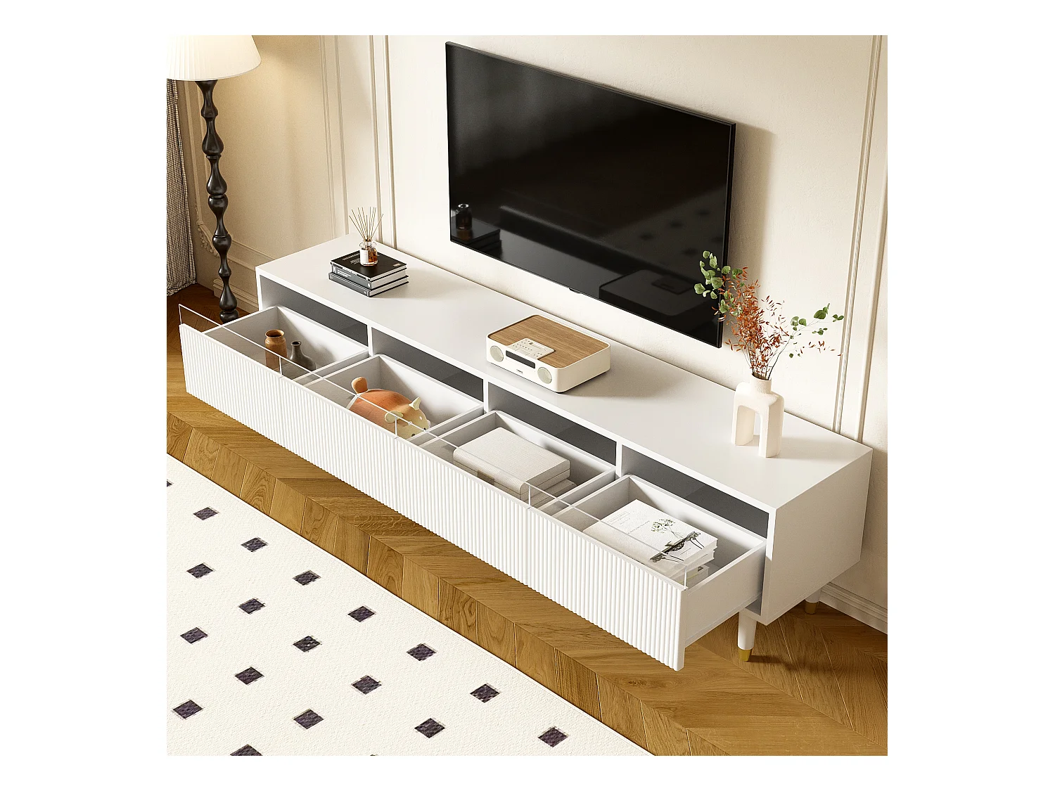 Meuble TV moderne - 178 cm x 35 x 45 cm - avec 4 tiroirs - pour le salon - MDF - blanc