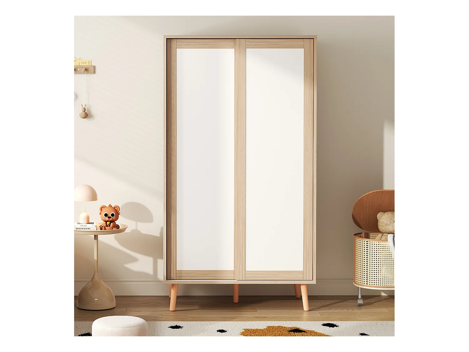 Armoire pour enfants - 80 x 46 x 141.5 cm - avec portes coulissantes + tringle à vêtements - bois - naturel