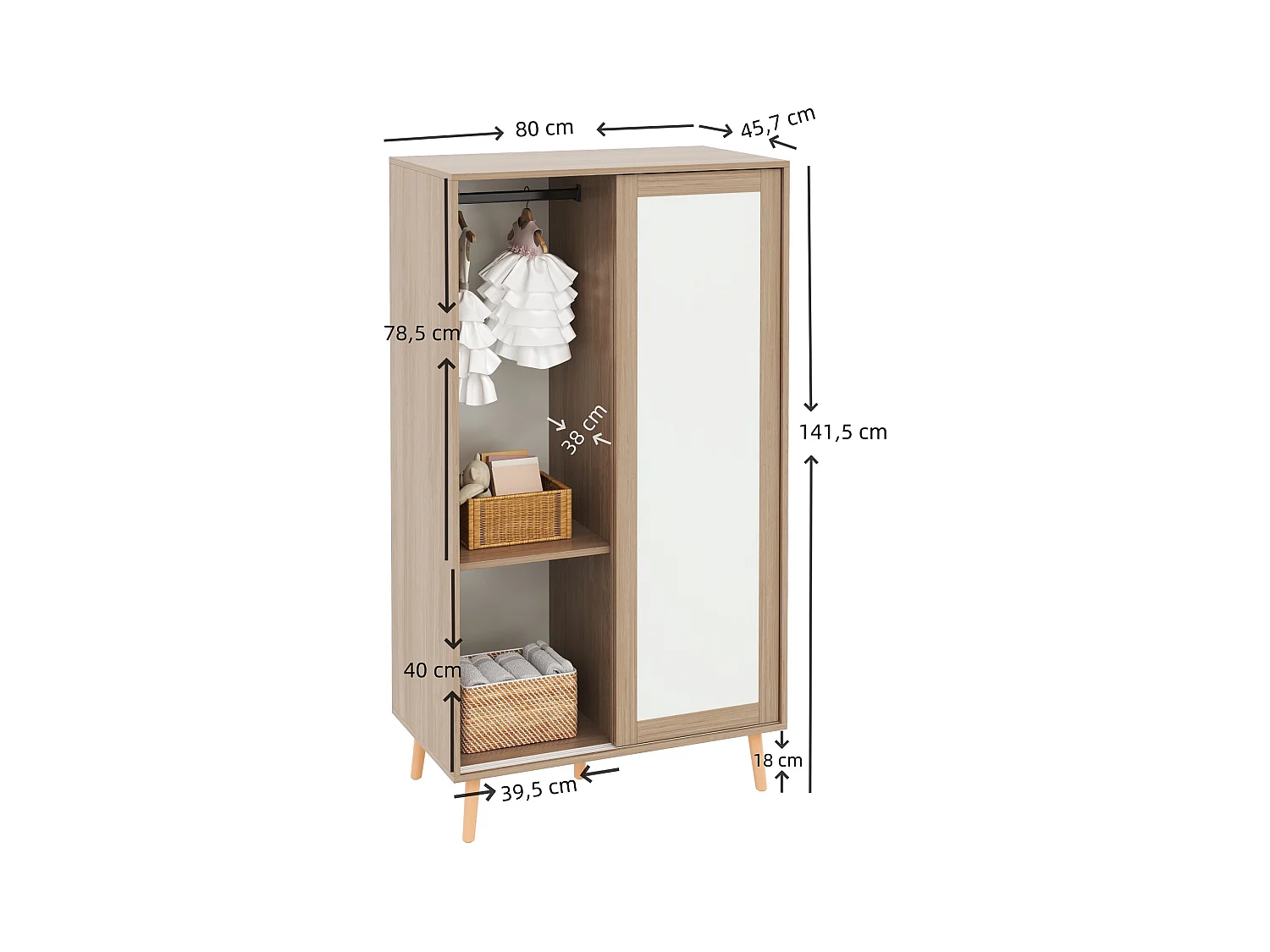 Armoire pour enfants - 80 x 46 x 141.5 cm - avec portes coulissantes + tringle à vêtements - bois - naturel