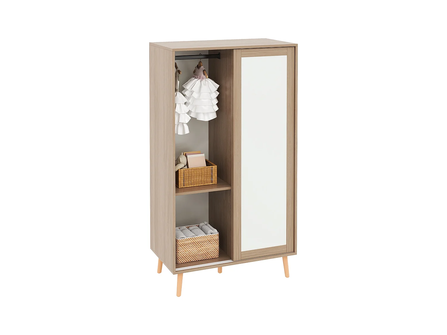 Armoire pour enfants - 80 x 46 x 141.5 cm - avec portes coulissantes + tringle à vêtements - bois - naturel