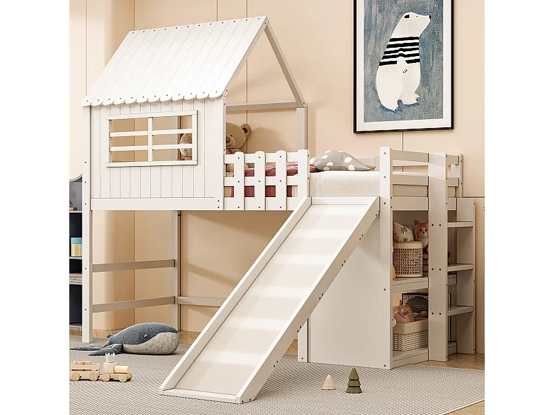 Lit mezzanine enfant - 90 x 200 cm - avec échelle + toboggan + étagère de rangement - bois - blanc