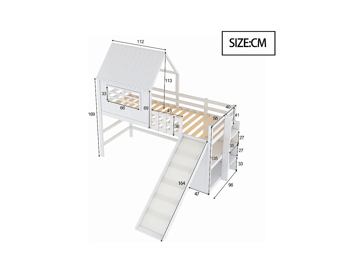 Lit mezzanine enfant - 90 x 200 cm - avec échelle + toboggan + étagère de rangement - bois - blanc