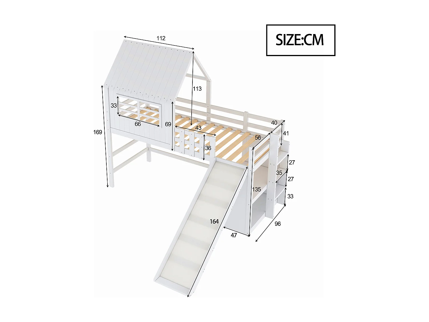 Lit mezzanine enfant - 90 x 200 cm - avec échelle + toboggan + étagère de rangement - bois - blanc
