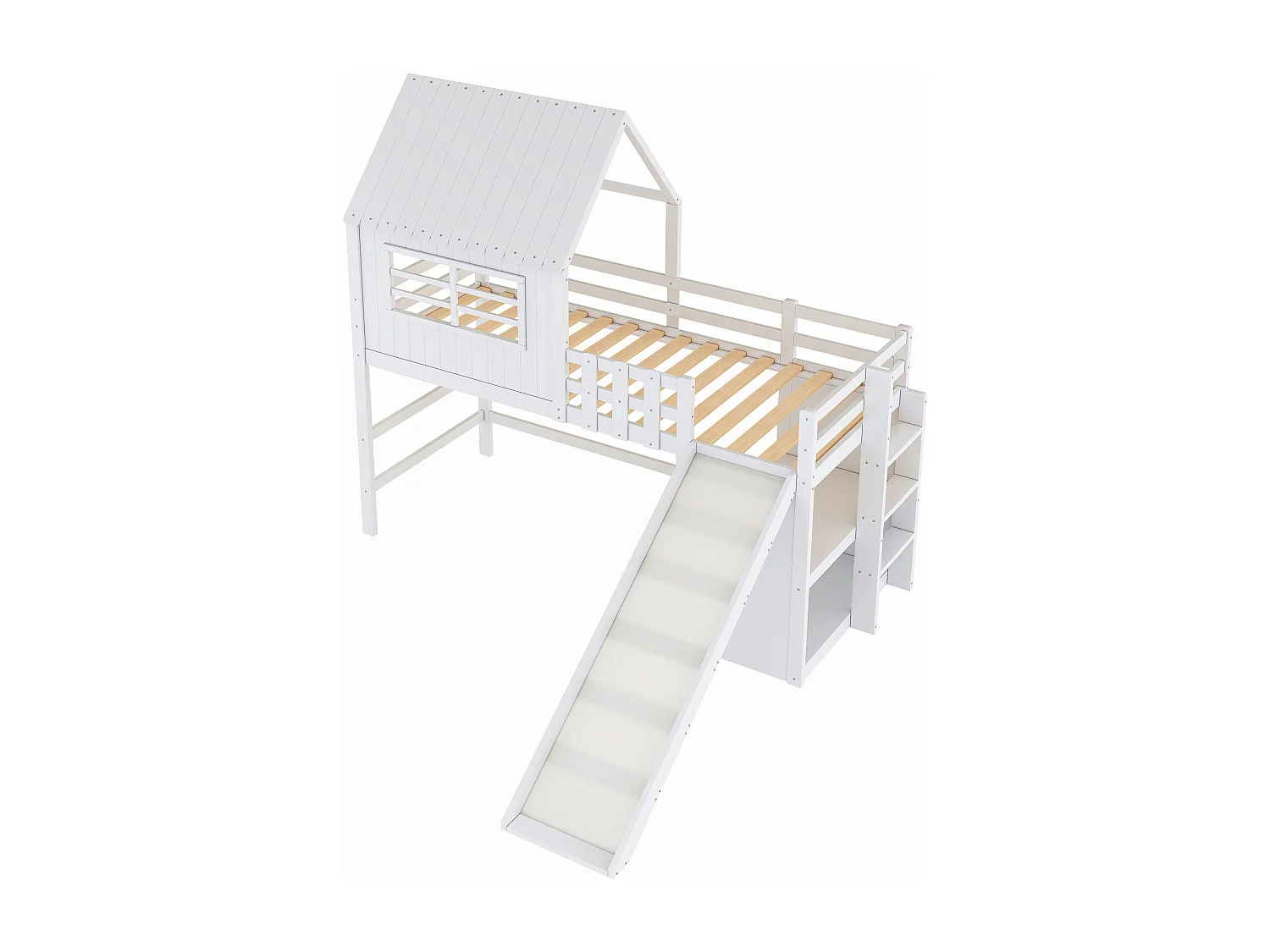 Lit mezzanine enfant - 90 x 200 cm - avec échelle + toboggan + étagère de rangement - bois - blanc
