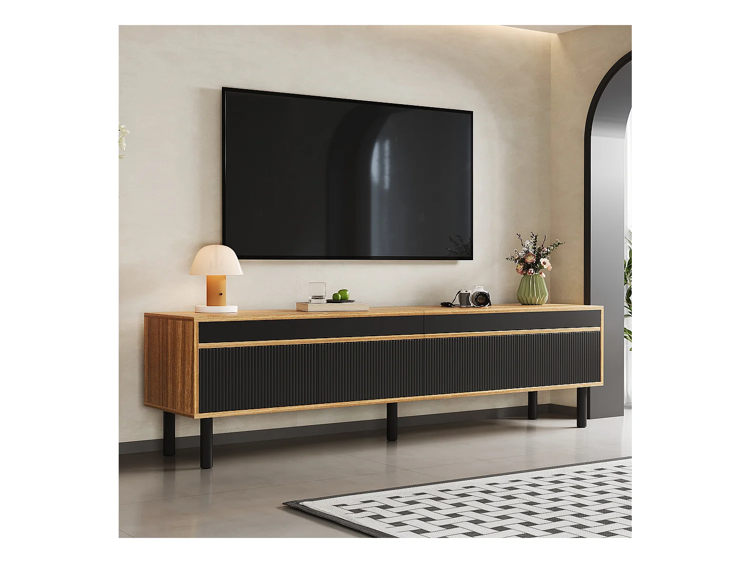 Moderner TV-Schrank - 170 x 38 x 47 cm - mit 4 Türen - Spanplatte - Schwarz
