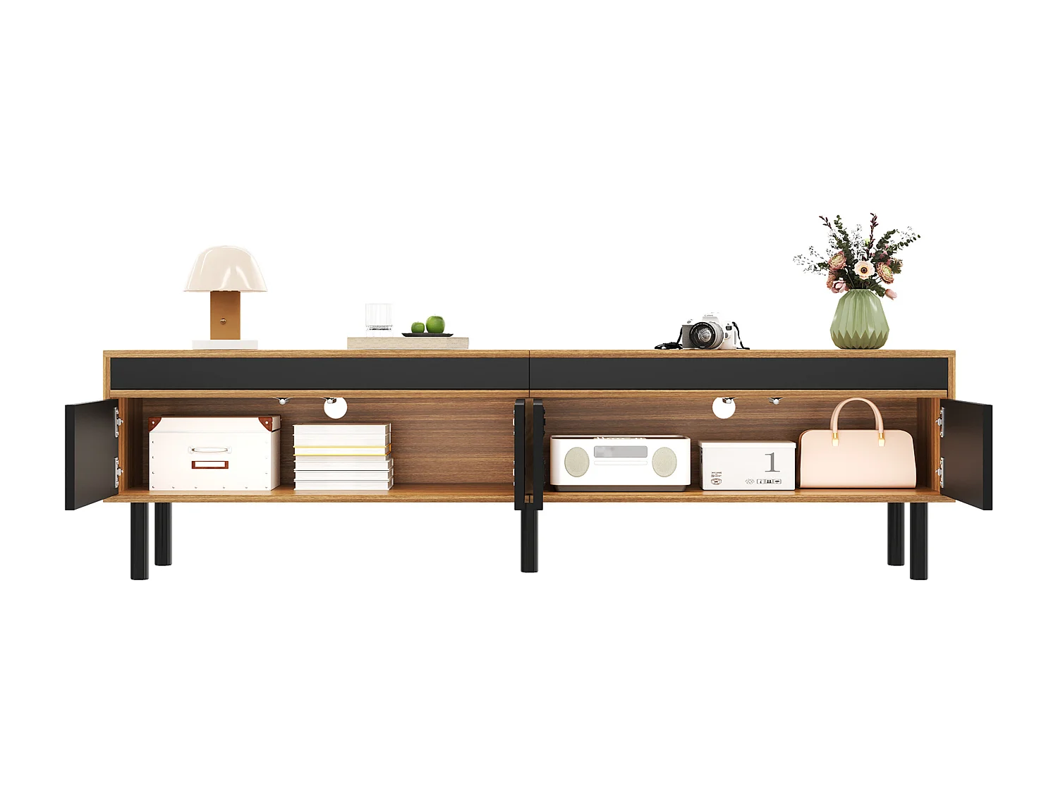 Nowoczesna szafka RTV - 170 x 38 x 47 cm - z 4 drzwiami - płyta wiórowa - czarna