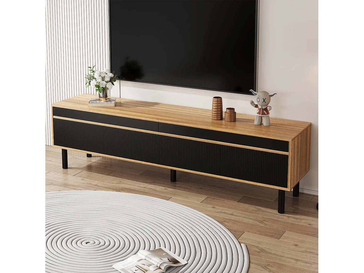 Nowoczesna szafka RTV - 170 x 38 x 47 cm - z 4 drzwiami - płyta wiórowa - czarna