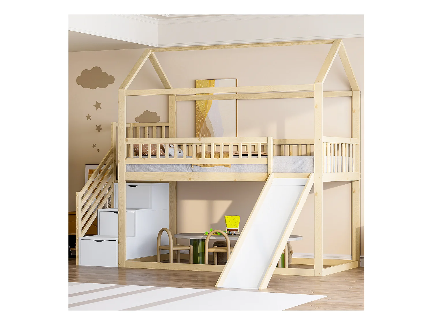 Lit mezzanine pour enfant - 90 x 200 cm - avec toboggan + échelle de rangement - bois - naturel
