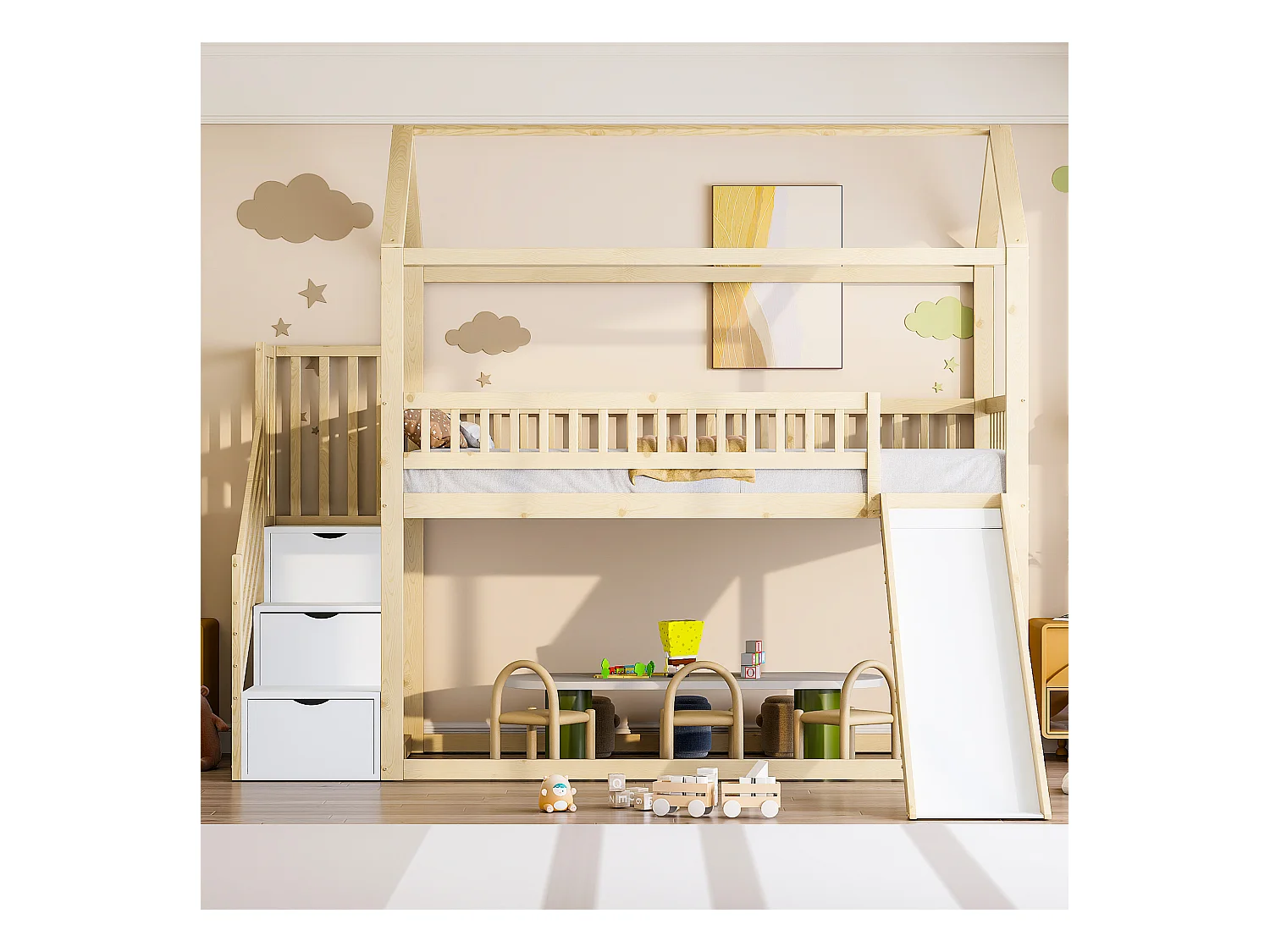 Lit mezzanine pour enfant - 90 x 200 cm - avec toboggan + échelle de rangement - bois - naturel